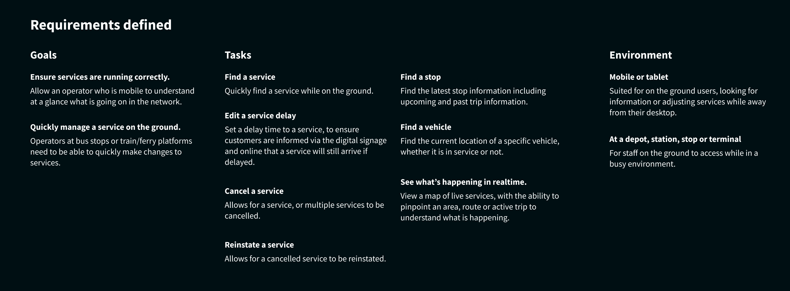 Overview of requirements and key workflows informing the conceptual mobile design.