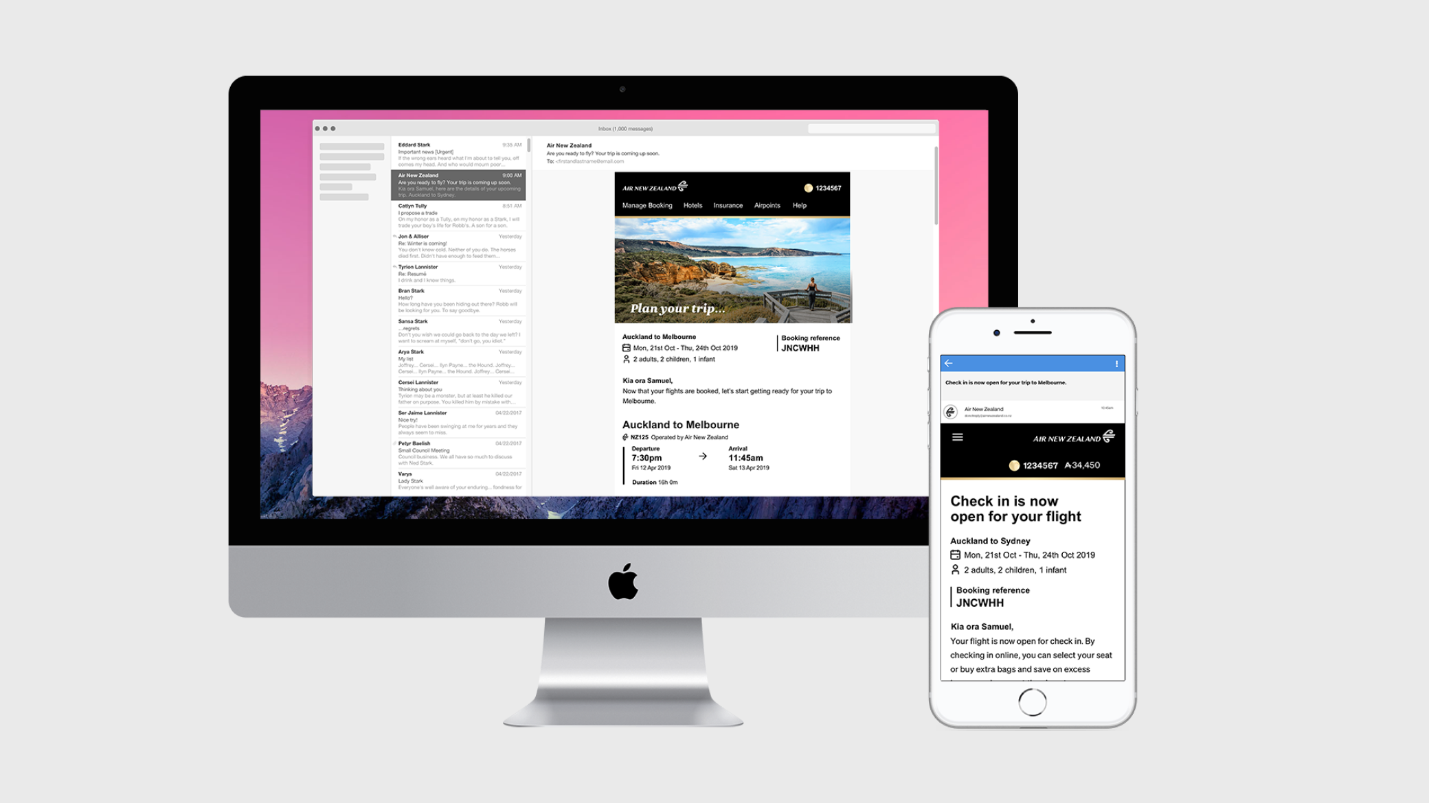Air New Zealand post-booking email redesign – flight confirmation and e-ticket context.